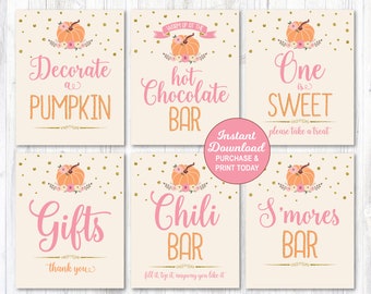 Pumpkin Sign Package Set of 6, Pumpkin First Birthday Sign, Pumpkin Birthday Sign , Printable, Pink and Gold, INSTANT DOWNLOAD
