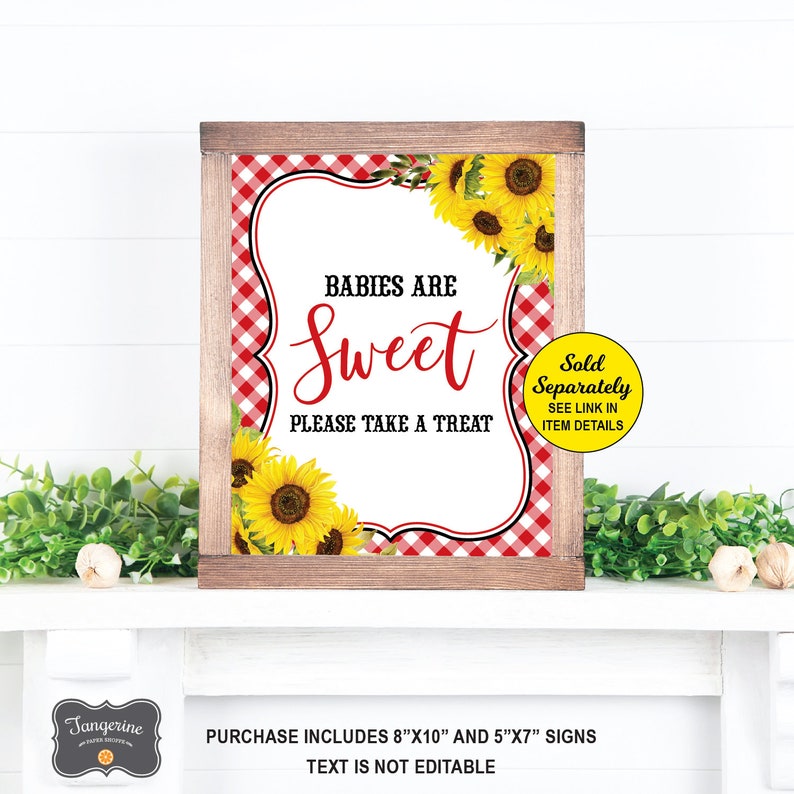 Op de afbeelding: Een houten bord met een rood-wit geblokte rand en een wit midden. Op het bord staat "Babies are Sweet, Please Take a Treat" in rode letters. Gele zonnebloemen versieren de hoeken. Een kleine gele cirkel zegt "Sold Separately".