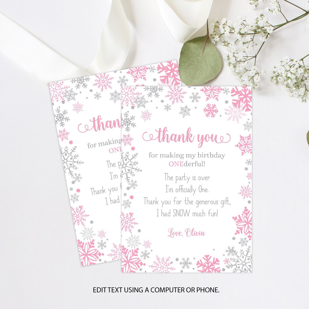 Editable Thank You Note Card, Winter Onederland Birthday Thank You Card ...