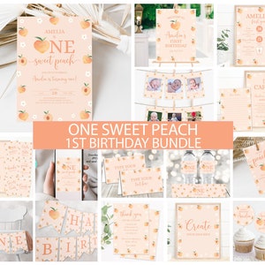 Peach Birthday Decoration Package, One Sweet Peach First Party Decor Bundle Girl 1st Birthday Peach Invitation Corjl Template