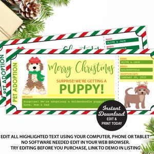 May include: A printable Christmas pet adoption announcement with a green, red, and white striped border. The announcement says "Merry Christmas! Surprise! We're getting a puppy!" and includes a cartoon image of a dog wearing a Santa hat and a scarf. The announcement also includes a section for the dog's name, breed, and adoption date.