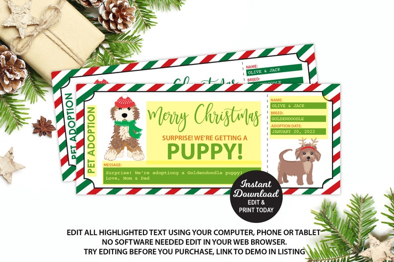 May include: A printable Christmas pet adoption announcement with a green, red, and white striped border. The announcement says "Merry Christmas! Surprise! We're getting a puppy!" and includes a cartoon image of a dog wearing a Santa hat and a scarf. The announcement also includes a section for the dog's name, breed, and adoption date.