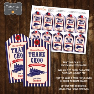 May include: Printable thank you tags with a blue and red striped design. The tags feature a vintage train illustration and the text "Chugga Chugga Thank Choo for chugging by!" with the name "Easton".