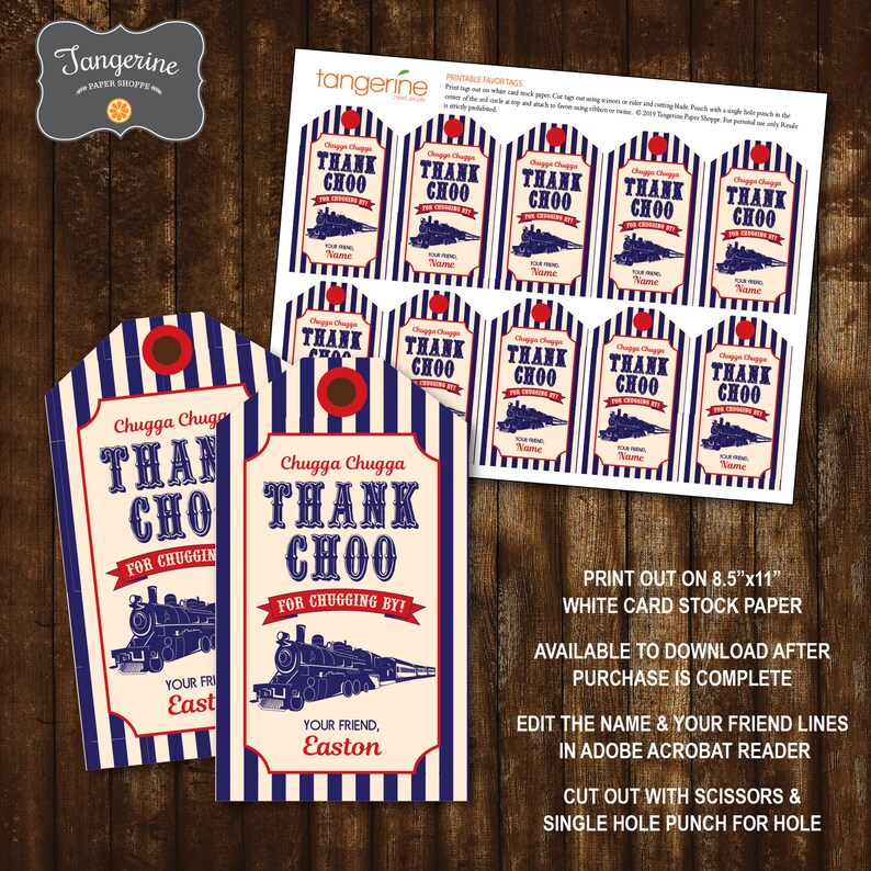 May include: Printable thank you tags with a blue and red striped design. The tags feature a vintage train illustration and the text "Chugga Chugga Thank Choo for chugging by!" with the name "Easton".