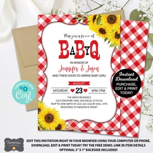 May include: Red and white gingham baby shower invitation with sunflowers. The text reads "Please join us for a co-ed Baby Q in honor of Jennifer & Jason and their soon-to-arrive baby girl! Saturday August 23 4PM-7PM The Smith Residence 2222 Seashore Lane, San Diego, CA 92102 RSVP to Jane Smith at (222) 222-2222 by Aug. 15th Registered at Amazon & Target Instant Download Purchase, Edit & Print Today!"