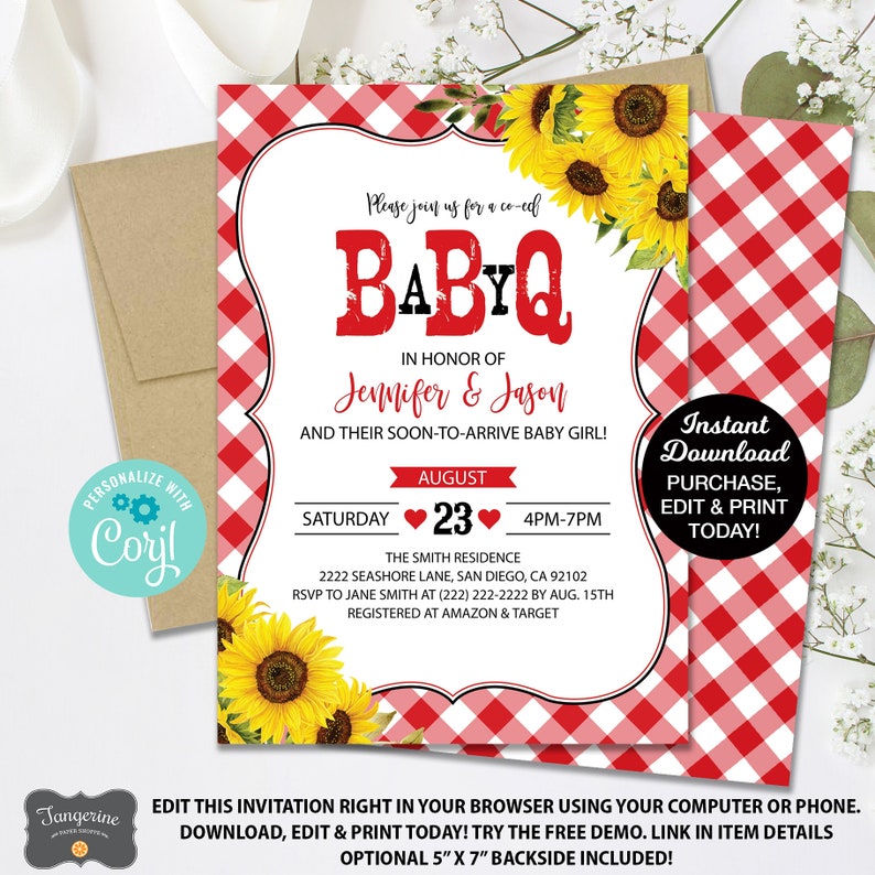 May include: Red and white gingham baby shower invitation with sunflowers. The text reads "Please join us for a co-ed Baby Q in honor of Jennifer & Jason and their soon-to-arrive baby girl! Saturday August 23 4PM-7PM The Smith Residence 2222 Seashore Lane, San Diego, CA 92102 RSVP to Jane Smith at (222) 222-2222 by Aug. 15th Registered at Amazon & Target Instant Download Purchase, Edit & Print Today!"