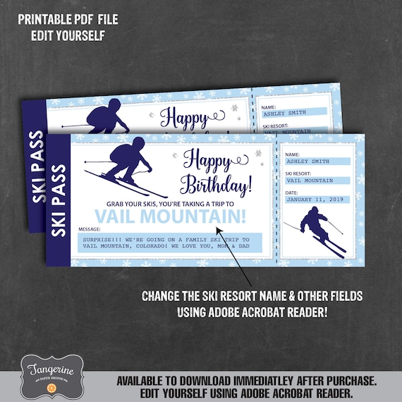 Birthday Ski Ticket Printable Editable Ski Lift Ticket Etsy