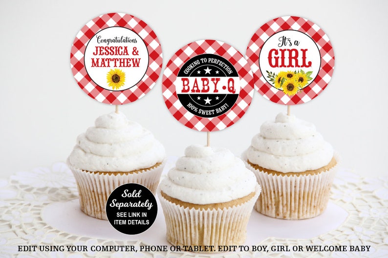 May include: Three red and white gingham cupcake toppers with black text. The toppers say "Congratulations Jessica & Matthew", "It's a Girl", and "Cooking to Perfection Baby-Q 100% Sweet Baby!"