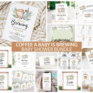 Editable Coffee Baby Shower Bundle, A Baby is Brewing Baby Shower Invitation, Gender Neutral Coffee Greenery Baby Shower Decorations 0018