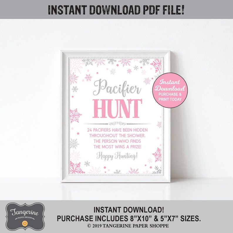 Pacifier Hunt Game Sign, Winter Wonderland Baby Shower Game, Baby It's Cold Outside, Snowflake Baby Shower, Printable image 1