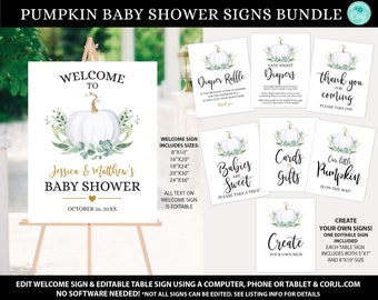 White Pumpkin Baby Shower Sign Package, Little Pumpkin Baby Shower Welcome Sign, Pumpkin Greenery Baby Shower Sign Bundle, Coed Baby Shower