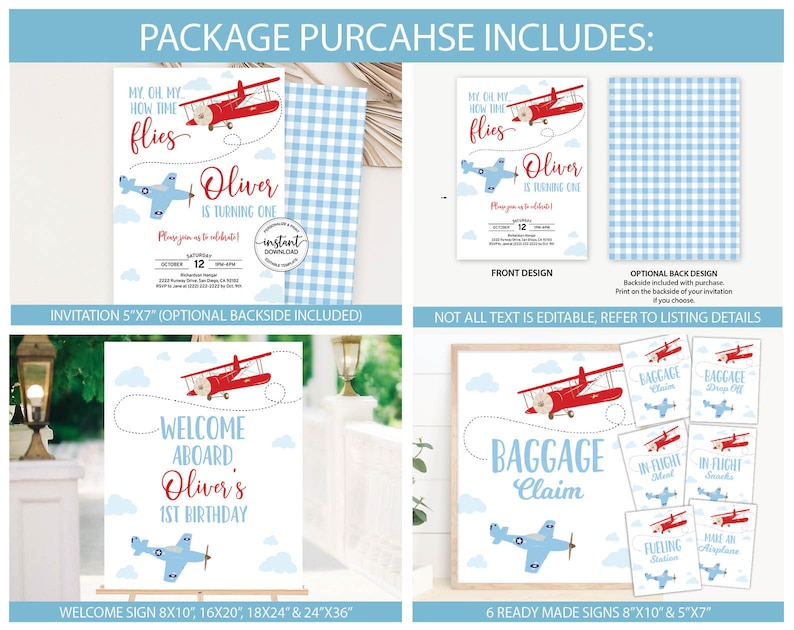 Airplane Birthday Decoration Package, Time Flies 1st Birthday Decor Bundle Boy First Flight Birthday Invitation Signs Corjl Template 0003 image 2