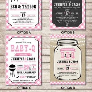 May include: Four different pink and white gingham baby shower invitation designs with a barbecue theme. The invitations feature a grill, a mason jar, and the text "Baby-Q".