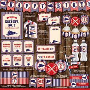 May include: Vintage train birthday party decorations printable set. Includes editable banner, welcome sign, food tents, cupcake toppers, water bottle labels, high chair banner, treat bag toppers, and more. All items feature a red, white, and blue color scheme with a vintage train theme.