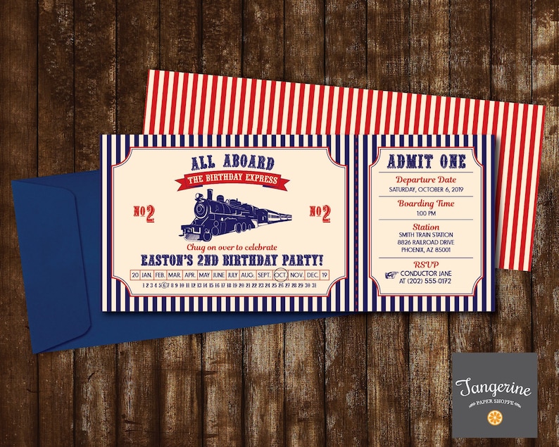 May include: A blue and white train ticket invitation with red and white stripes on the top and bottom. The invitation is for Easton's 2nd birthday party. The text reads "All Aboard The Birthday Express" and "Chug on over to celebrate Easton's 2nd Birthday Party!" The invitation also includes a train engine illustration and a calendar with the months of the year.