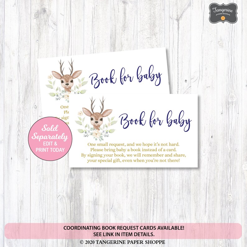 May include: Two printable baby shower book request cards featuring a cute deer illustration. The cards are white with a blue and green floral design. The text on the cards reads "Book for baby".