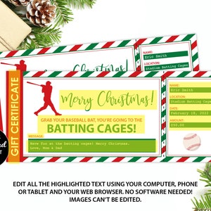 Pode incluir: Um certificado de presente de Natal imprim&iacute;vel para gaiolas de rebatidas. O certificado &eacute; amarelo e verde com listras vermelhas e brancas. Apresenta um jogador de beisebol de desenho animado e o texto "Feliz Natal! Pegue seu taco de beisebol, voc&ecirc; vai para as gaiolas de rebatidas!"