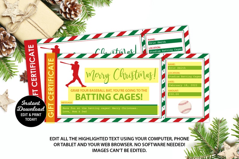 Pode incluir: Um certificado de presente de Natal imprim&iacute;vel para gaiolas de rebatidas. O certificado &eacute; amarelo e verde com listras vermelhas e brancas. Apresenta um jogador de beisebol de desenho animado e o texto "Feliz Natal! Pegue seu taco de beisebol, voc&ecirc; vai para as gaiolas de rebatidas!"