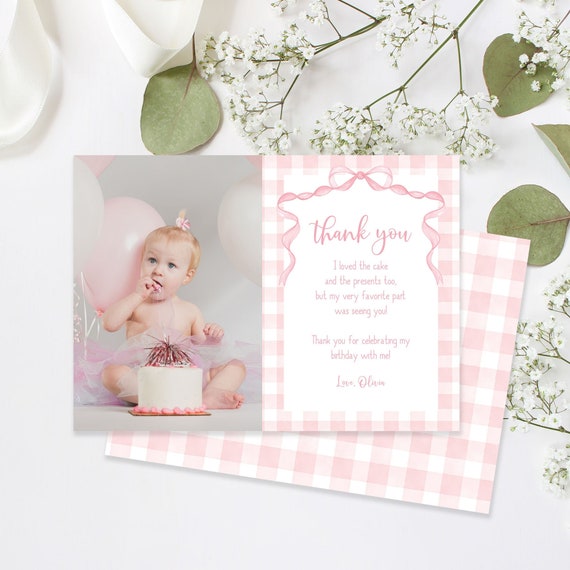 Editable Pink Bow Birthday Thank You Card, Girl Pink Gingham 1st First Birthday Photo Card Corjl Template