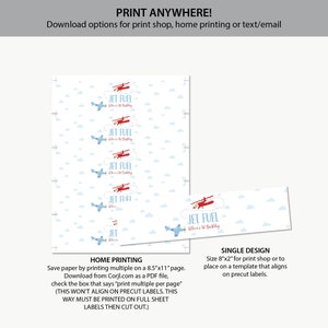 May include: Printable labels featuring a red airplane with blue accents and the text "Jet Fuel" with a blue cloud background. The labels are designed for home printing or professional printing.