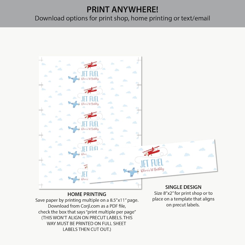 May include: Printable labels featuring a red airplane with blue accents and the text "Jet Fuel" with a blue cloud background. The labels are designed for home printing or professional printing.