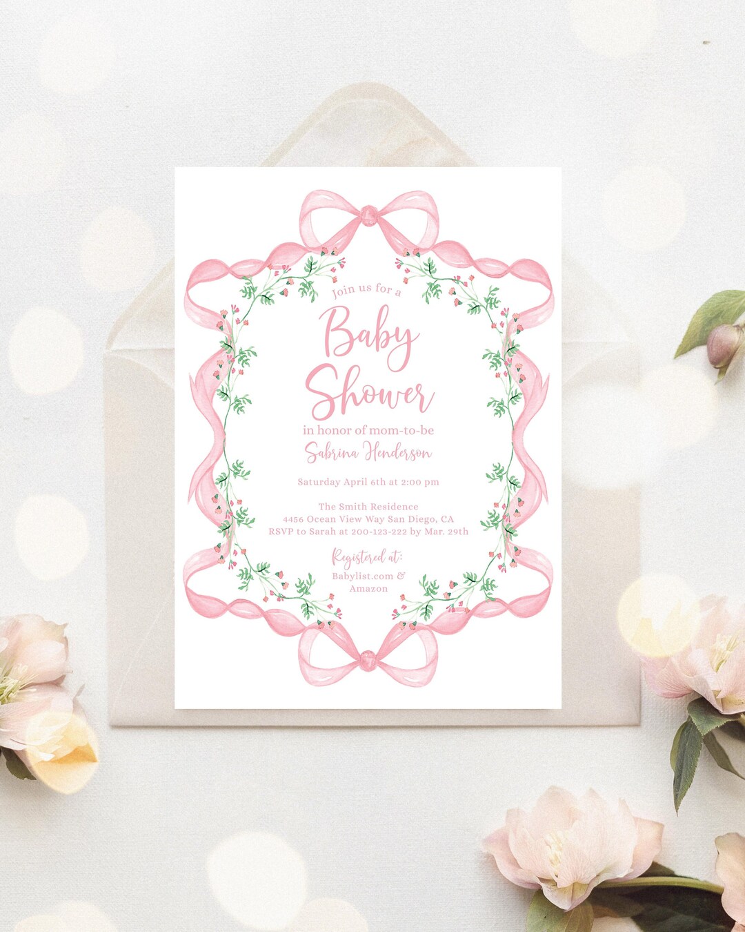 EDITABLE Pink Bow Baby Shower Invitation, Baby Girl Sweet Baby Shower ...