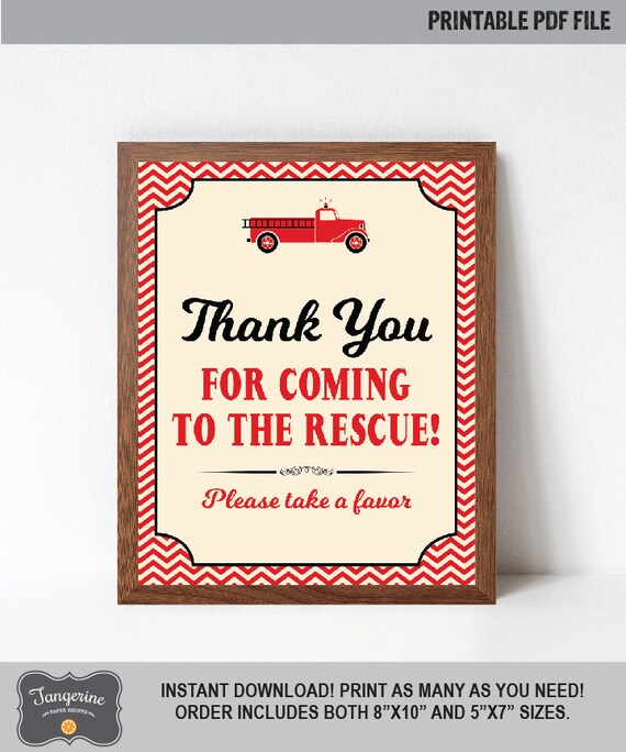 Fire Truck Favor Sign Printable, Fire Truck Birthday Sign, Thank You Sign, Instant Download, Printable PDF File Il_570xn