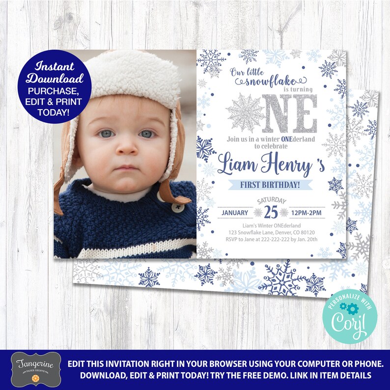 May include: A blue and white snowflake themed first birthday invitation featuring a photo of a baby boy wearing a blue and white striped sweater and a brown hat. The invitation reads "Our little snowflake is turning ONE" and includes the baby's name, Liam Henry, and the date and time of the party. The invitation also includes the address and RSVP information.