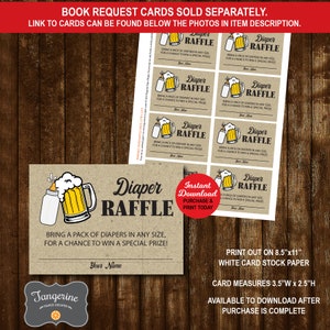 May include: A printable diaper raffle card with a brown background and a cartoon image of a beer mug and baby bottle. The text on the card reads "Diaper Raffle" and "Bring a pack of diapers in any size, for a chance to win a special prize!" The card measures 3.5 inches wide by 2.5 inches high.