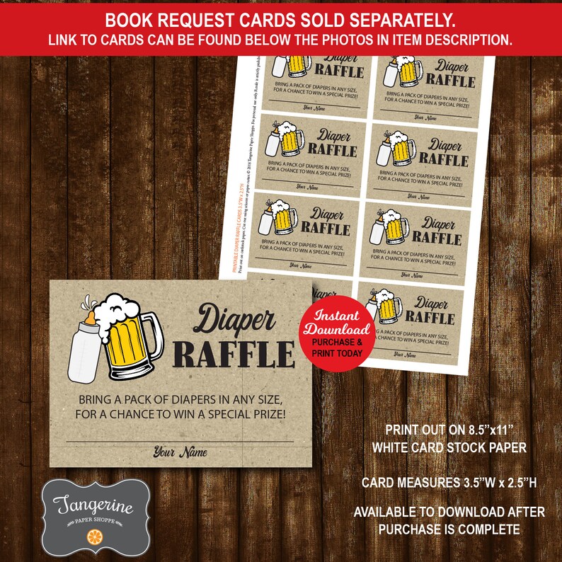 May include: A printable diaper raffle card with a brown background and a cartoon image of a beer mug and baby bottle. The text on the card reads "Diaper Raffle" and "Bring a pack of diapers in any size, for a chance to win a special prize!" The card measures 3.5 inches wide by 2.5 inches high.