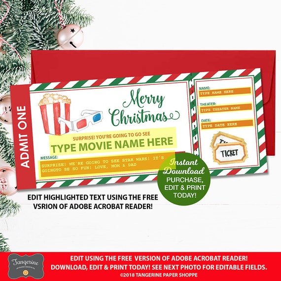 christmas movie ticket movie theater ticket gift surprise etsy