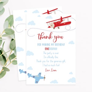 Editable Airplane Thank You Card, Vintage Airplane Birthday Party Thank You Note Card Boy 1st First Birthday Corjl Template 0003