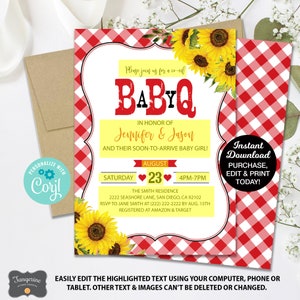 May include: A yellow and red gingham baby shower invitation with sunflowers. The text reads "Please join us for a co-ed BabyQ in honor of Jennifer & Jason and their soon-to-arrive baby girl!"  The date is August 23rd, 4pm-7pm. The location is The Smith Residence, 2222 Seashore Lane, San Diego, CA 92102. RSVP to Jane Smith at (222) 222-2222 by August 15th. Registered at Amazon & Target.
