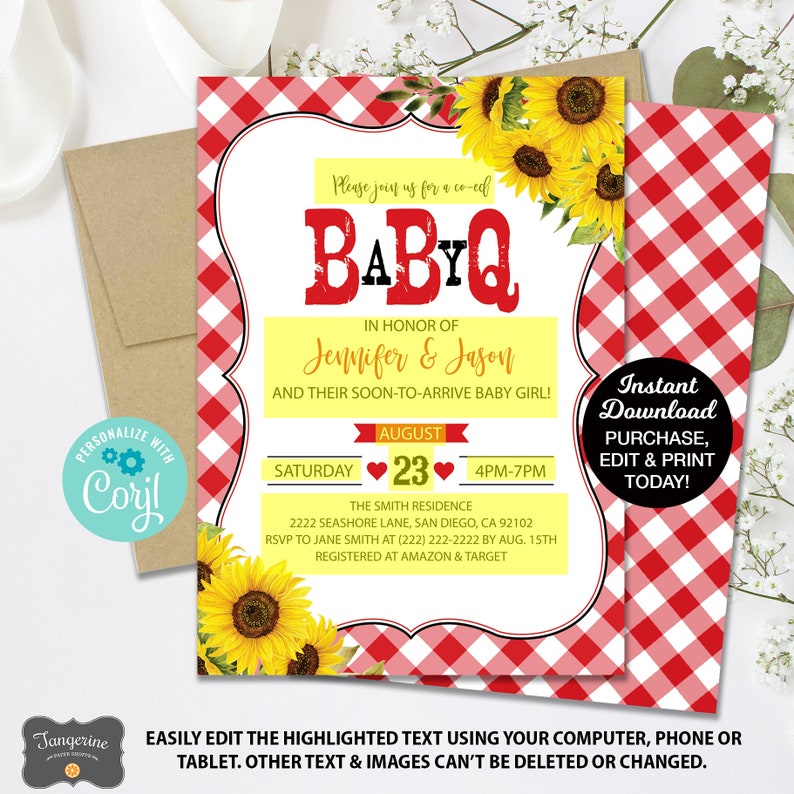 May include: A yellow and red gingham baby shower invitation with sunflowers. The text reads "Please join us for a co-ed BabyQ in honor of Jennifer & Jason and their soon-to-arrive baby girl!"  The date is August 23rd, 4pm-7pm. The location is The Smith Residence, 2222 Seashore Lane, San Diego, CA 92102. RSVP to Jane Smith at (222) 222-2222 by August 15th. Registered at Amazon & Target.
