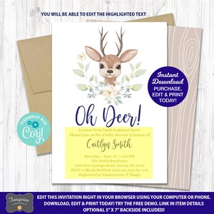 May include: A yellow and white baby shower invitation with a cartoon deer illustration. The text reads "Oh Deer!" and includes the name "Caitlyn Smith" and the date "Sept. 15 | 2:00 PM".