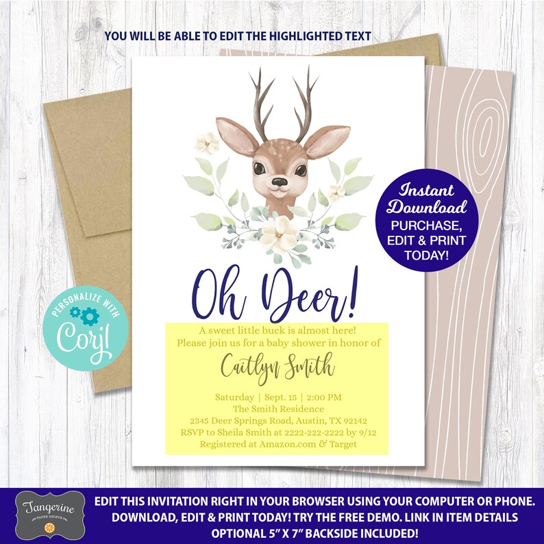 May include: A yellow and white baby shower invitation with a cartoon deer illustration. The text reads "Oh Deer!" and includes the name "Caitlyn Smith" and the date "Sept. 15 | 2:00 PM".