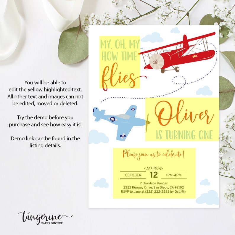 Airplane Birthday Decoration Package, Time Flies 1st Birthday Decor Bundle Boy First Flight Birthday Invitation Signs Corjl Template 0003 image 8