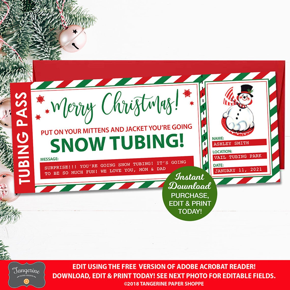 Snow Tubing Ticket Editable Christmas Gift Sledding Ticket Etsy