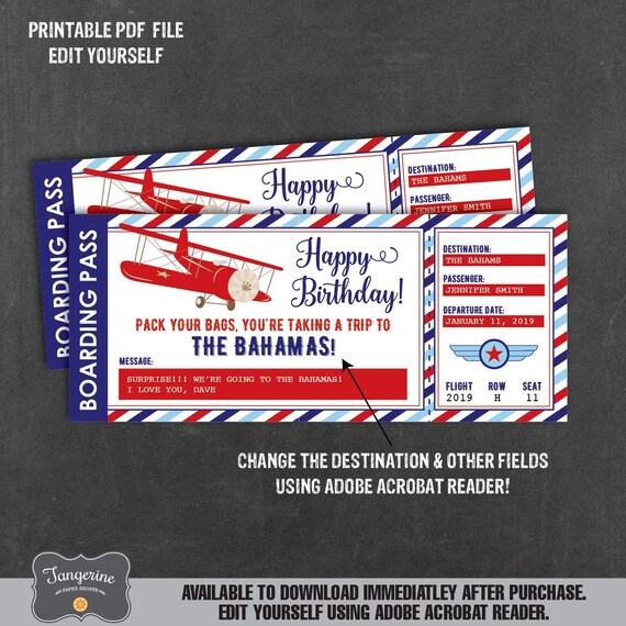 Birthday Airplane Ticket Printable, Surprise Trip Ticket, Boarding Pass, Birthday Gift, Surprise ...