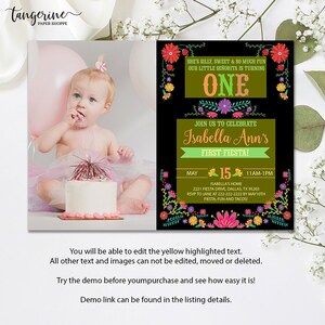 May include: A party invitation with a photo of a baby girl and a colorful design. The invitation text reads "Isabella Ann's First Fiesta!" with details about the party date, time, and location. The design includes floral elements and the words "ONE".