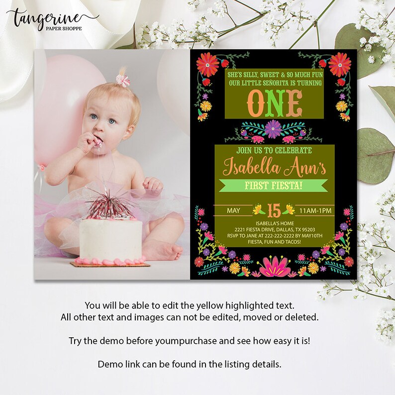May include: A party invitation with a photo of a baby girl and a colorful design. The invitation text reads "Isabella Ann's First Fiesta!" with details about the party date, time, and location. The design includes floral elements and the words "ONE".