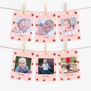 Editable Strawberry First Birthday Banner Monthly Photo Banner Berry Sweet Girl 1st First Birthday Corjl Template Printable 0003