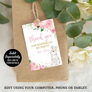 May include: Pink and gold thank you tag with a white bunny and floral design. The tag says "Thank you for hopping by my party! Love, Olivia."