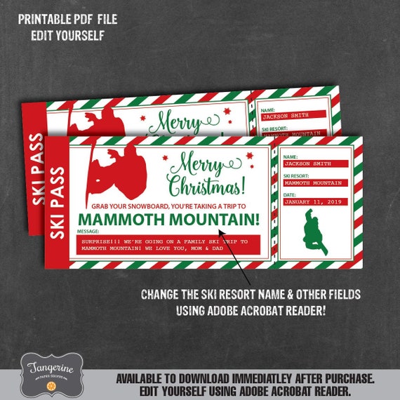 Christmas Snowboard Ticket Printable, Editable Ski Lift Ticket ...