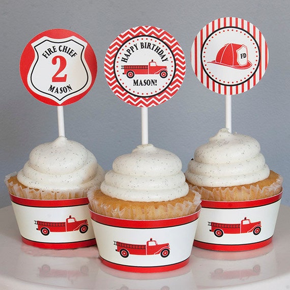 Firefighter Birthday Cupcake Toppers - Vintage Fire Truck - Red, Black & Cream - DIY Printable Cupcake Toppers Il_570xn