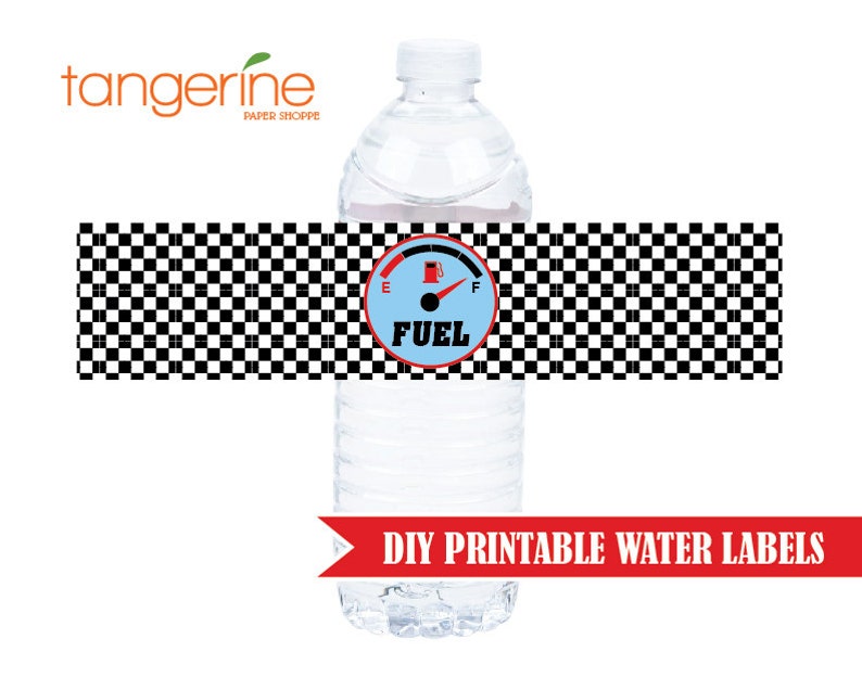 May include: Printable water bottle labels with a checkered black and white background. The label features a blue and red fuel gauge with the word "FUEL" in black letters.