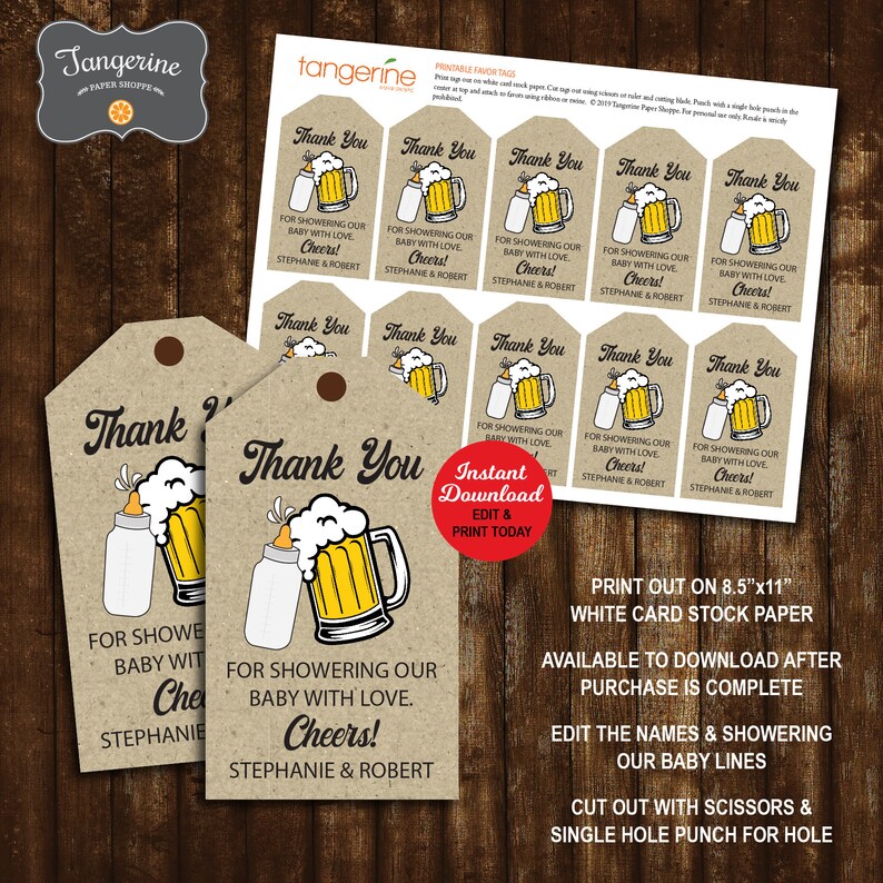May include: Brown kraft paper thank you tags with a cartoon illustration of a beer mug and a baby bottle. The text on the tag reads "Thank You for showering our baby with love. Cheers! Stephanie & Robert".