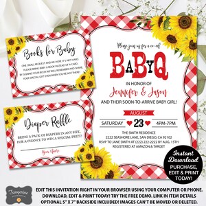 May include: A red and white gingham pattern background with a sunflower design. The text "Please join us for a co-ed BabyQ" is in red and white. The text "In honor of Jennifer & Jason and their soon-to-arrive baby girl!" is in black. The text "Saturday August 23 4PM-7PM" is in black. The text "The Smith Residence 2222 Seashore Lane, San Diego, CA 92102 RSVP to Jane Smith at (222) 222-2222 by Aug. 15th Registered at Amazon & Target" is in black. The text "Instant Download Purchase, Edit & Print Today!" is in black. The text "Edit this invitation right in your browser using your computer or phone. Download, edit & print today! Try the free demo. Link in item details Optional 5" x 7" backside included! Images can't be moved or deleted." is in black.