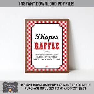 May include: Printable Diaper Raffle sign with a red and white gingham pattern. The sign says "Diaper Raffle" in red and black letters with a red star at the bottom. The text says "If you brought a pack of diapers for the raffle, please leave your ticket here."