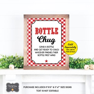 Peut inclure: Une pancarte &agrave; carreaux rouges et blancs avec un cadre en bois qui dit "BOTTLE CHUG" en lettres rouges. La pancarte dit "Prenez une bouteille et pr&eacute;parez-vous &agrave; boire d'un trait ! Celui qui termine sa bouteille en premier gagne !" et "Vendu s&eacute;par&eacute;ment Voir le lien dans les d&eacute;tails de l'article".